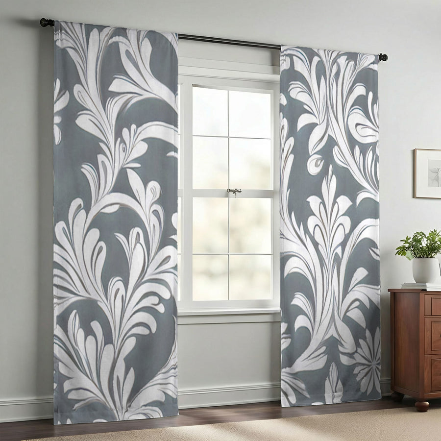 Gray Ornamental Damask Pattern Window Curtains