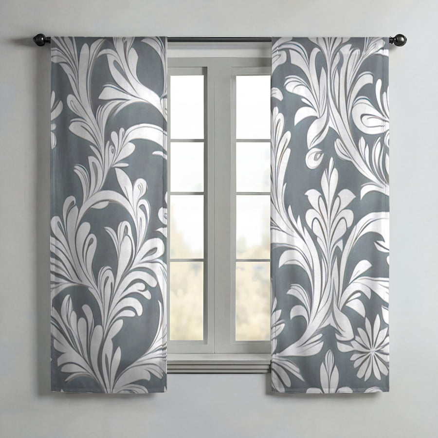Gray Ornamental Damask Pattern Window Curtains
