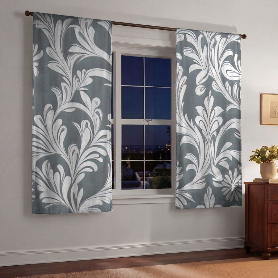 Gray Ornamental Damask Pattern Window Curtains