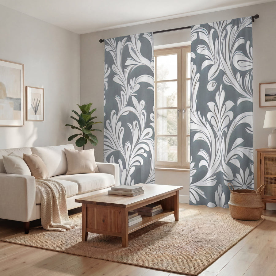 Gray Ornamental Damask Pattern Window Curtains