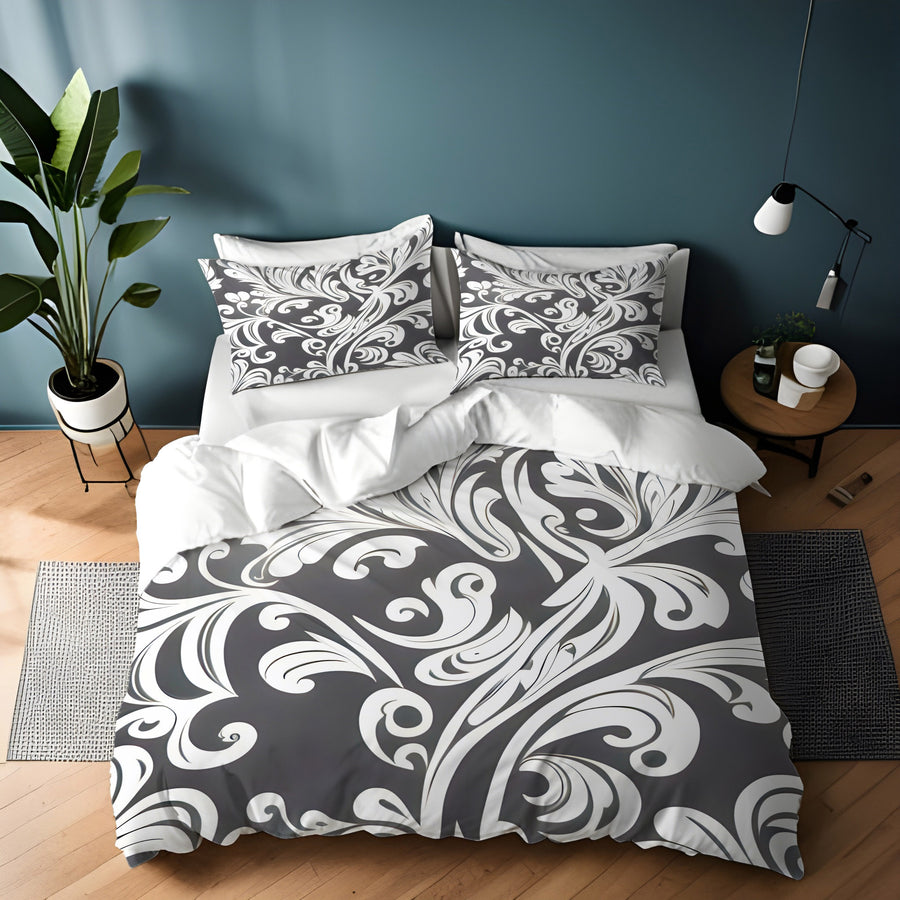 Gray Ornamental Scroll Pattern Duvet Cover