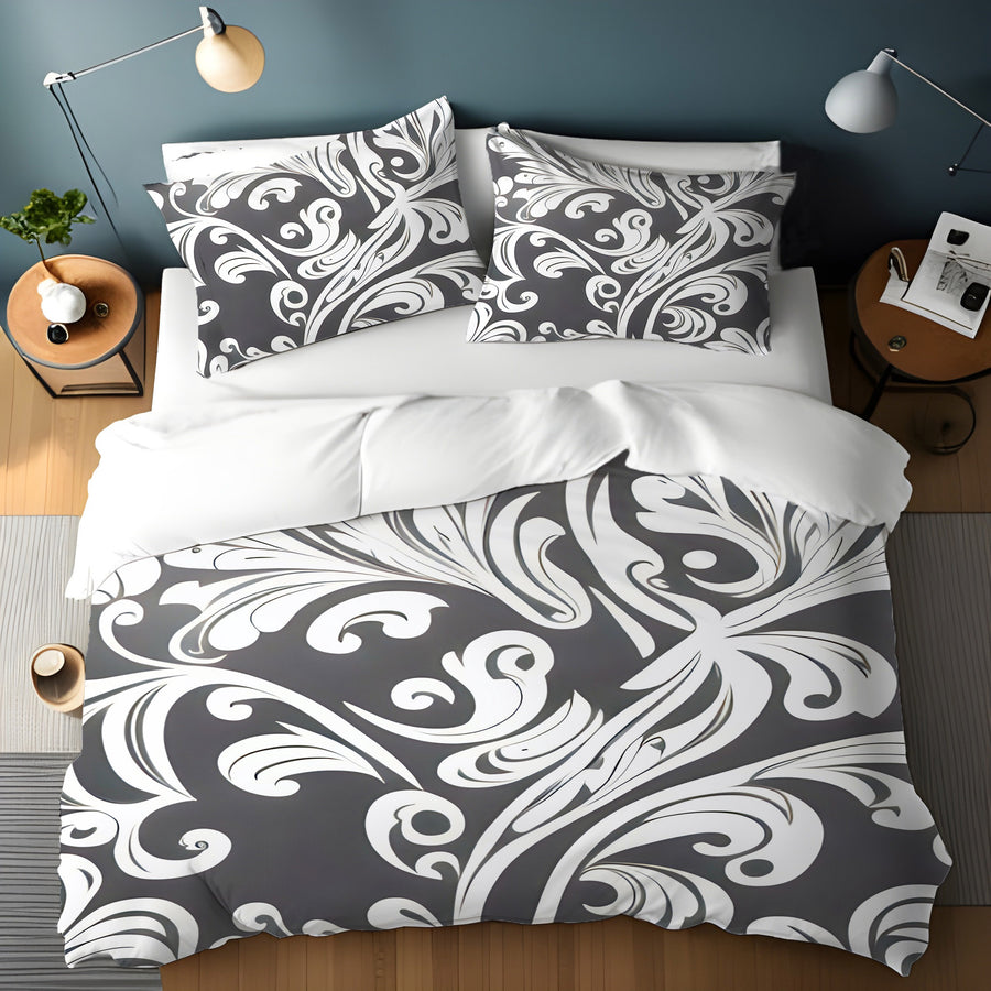 Gray Ornamental Scroll Pattern Duvet Cover