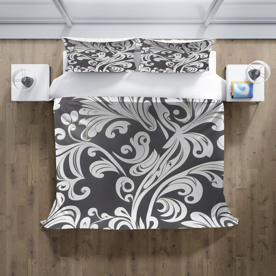 Gray Ornamental Scroll Pattern Duvet Cover