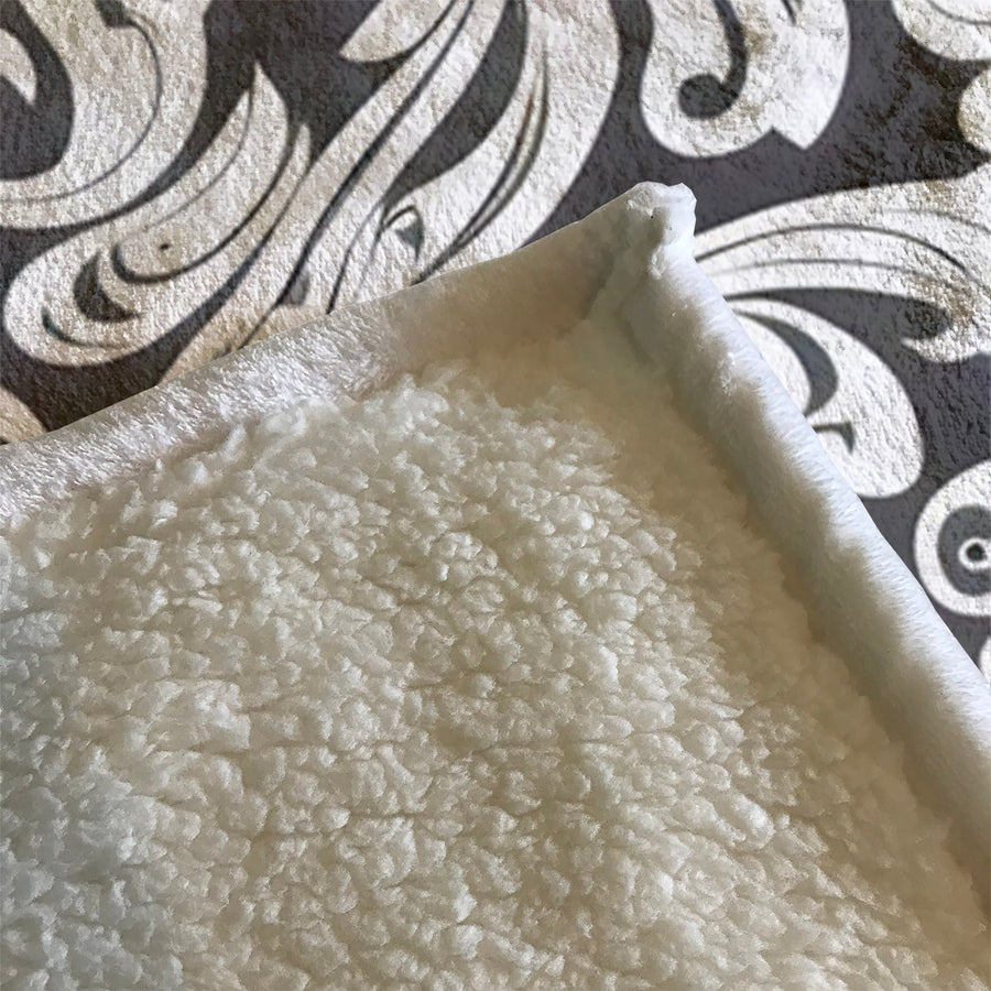 Gray Ornamental Scroll Pattern Fleece Sherpa Blanket