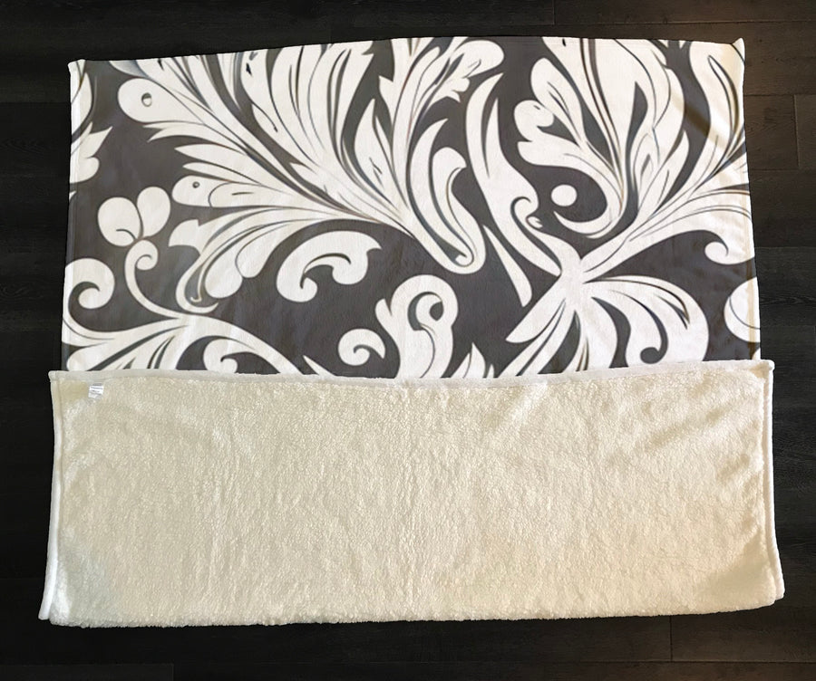Gray Ornamental Scroll Pattern Fleece Sherpa Blanket