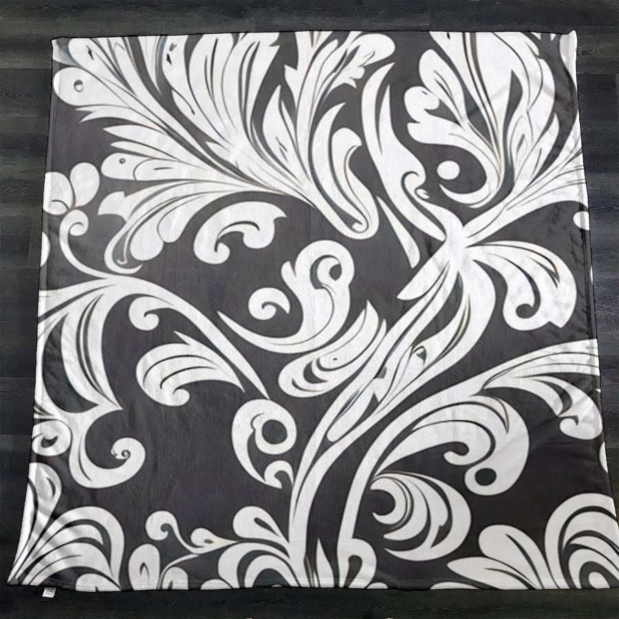 Gray Ornamental Scroll Pattern Fleece Sherpa Blanket