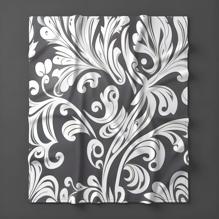 Gray Ornamental Scroll Pattern Fleece Sherpa Blanket