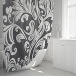 Abstract Damask Shower Curtains - Dark Gray and White Whimsical Ornate Pattern - Deja Blue Studios