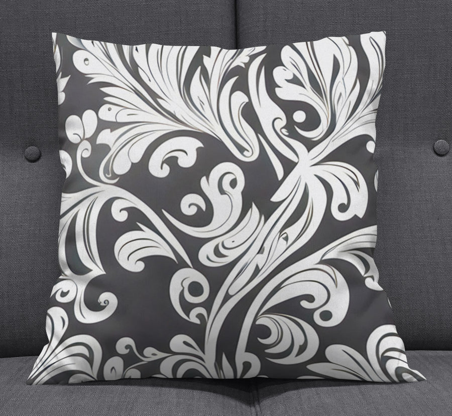 Gray Ornamental Scroll Pattern Throw Pillow Cover