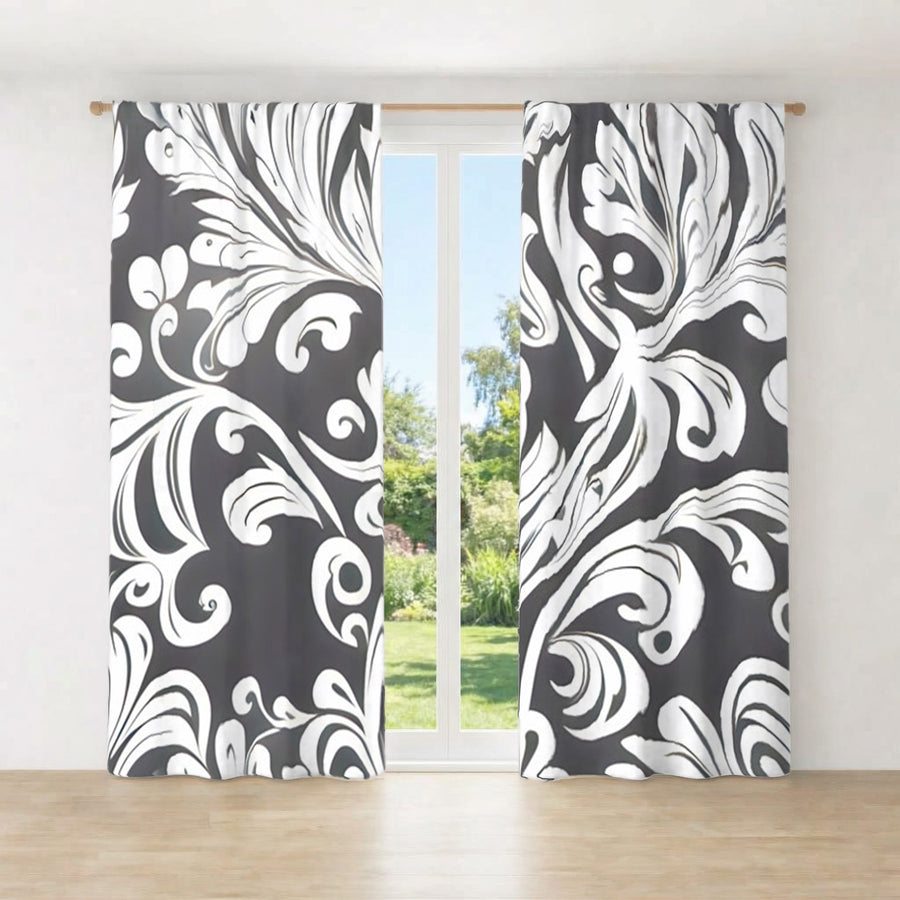 Gray Ornamental Scroll Pattern Window Curtains