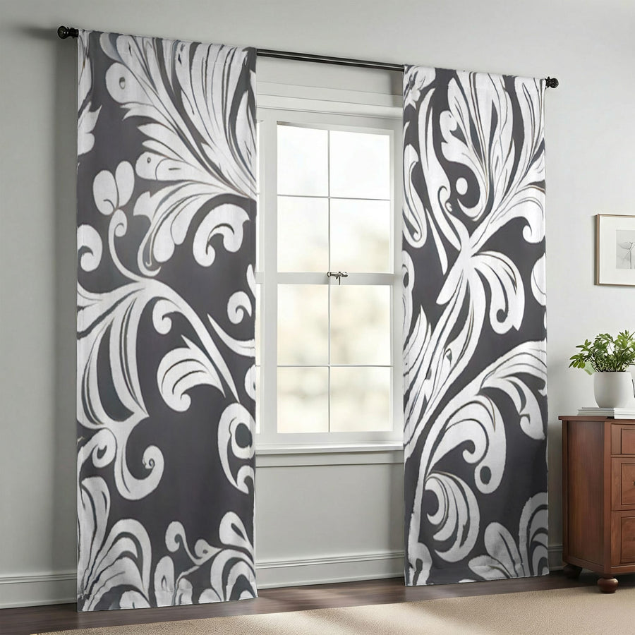 Gray Ornamental Scroll Pattern Window Curtains