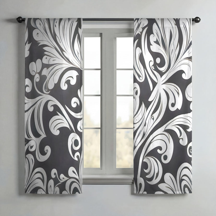 Gray Ornamental Scroll Pattern Window Curtains