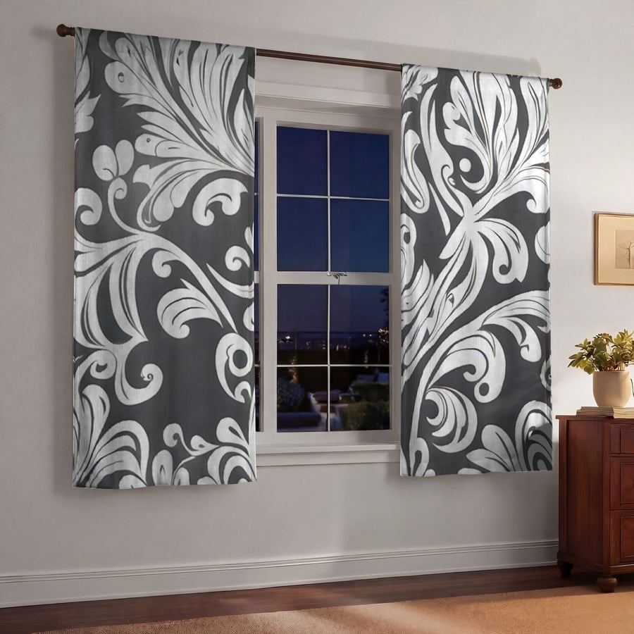 Gray Ornamental Scroll Pattern Window Curtains