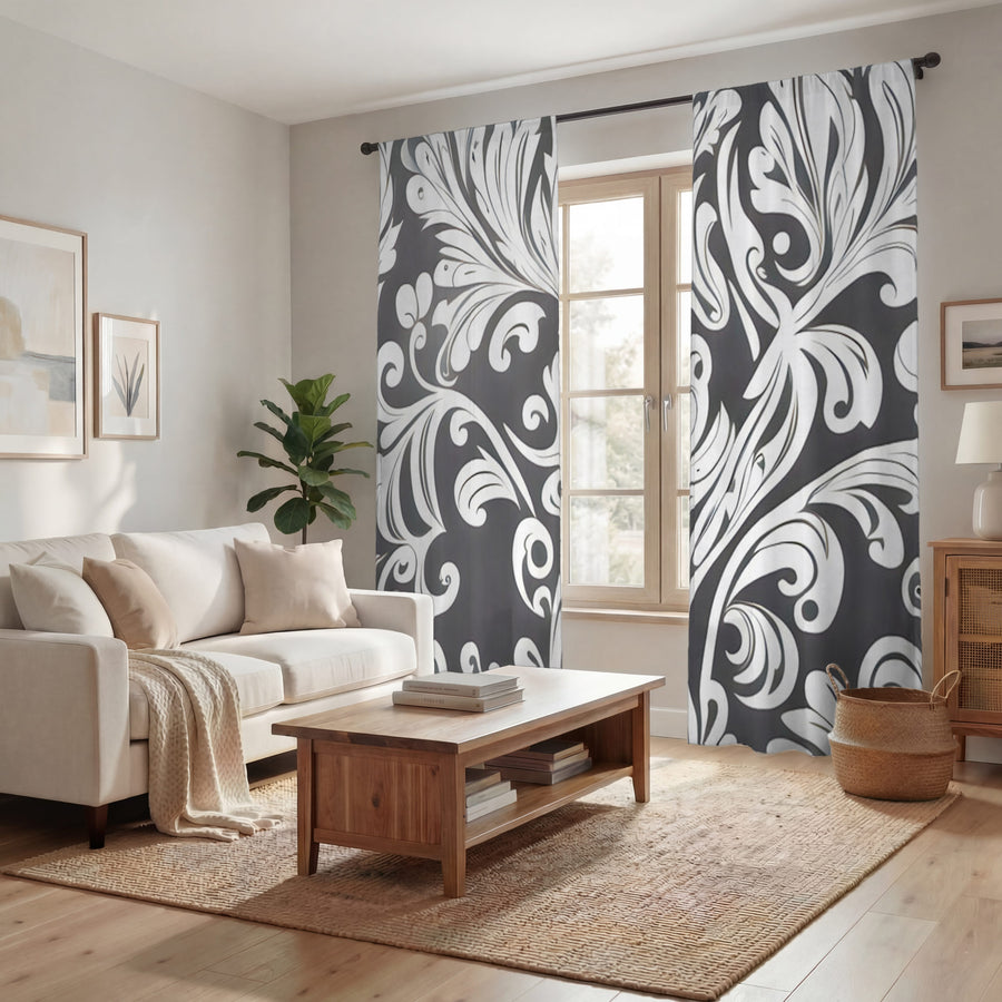 Gray Ornamental Scroll Pattern Window Curtains
