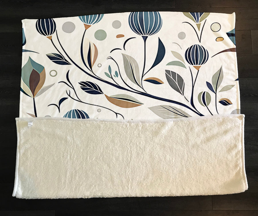 Blue Botanical Branch Pattern Fleece Sherpa Blanket