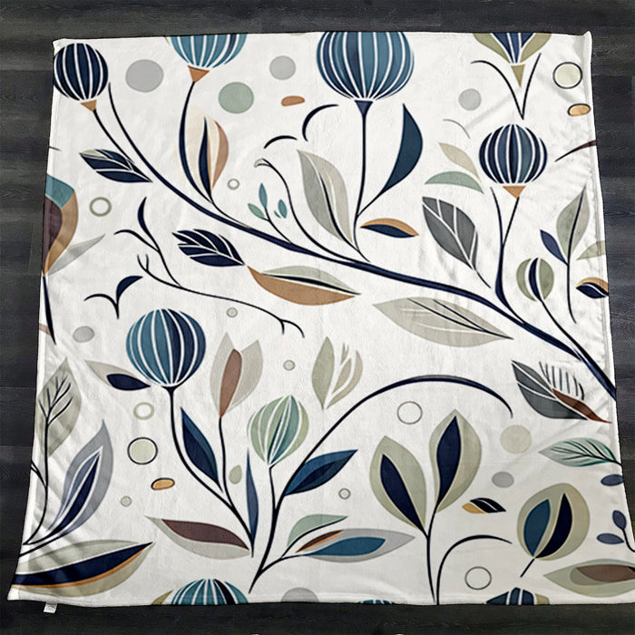 Blue Botanical Branch Pattern Fleece Sherpa Blanket