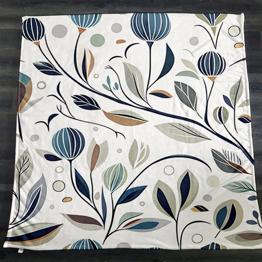 Blue Botanical Branch Pattern Fleece Sherpa Blanket