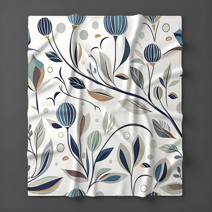 Blue Botanical Branch Pattern Fleece Sherpa Blanket