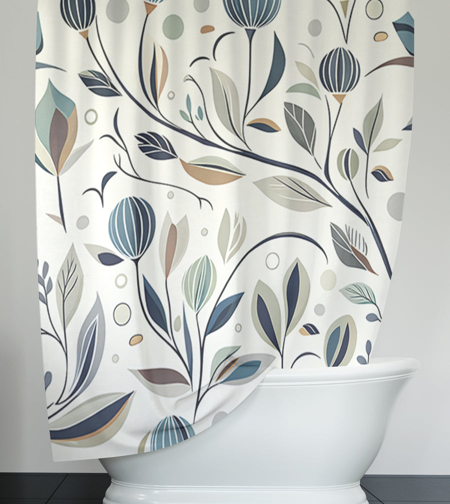 Blue Botanical Branch Pattern Shower Curtain