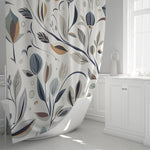 Chic Abstract Shower Curtains - Off White and Light Blue Stick and Plant Print - Deja Blue Studios