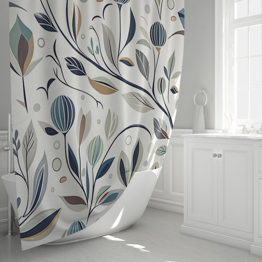 Blue Botanical Branch Pattern Shower Curtain