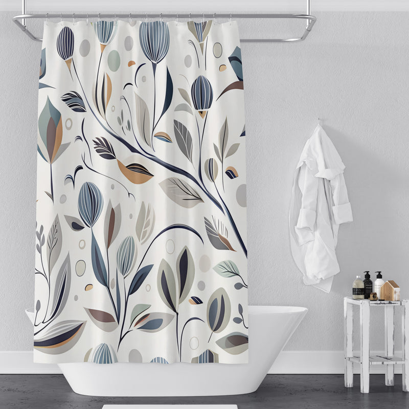 Chic Abstract Shower Curtains - Off White and Light Blue Stick and Plant Print - Deja Blue Studios