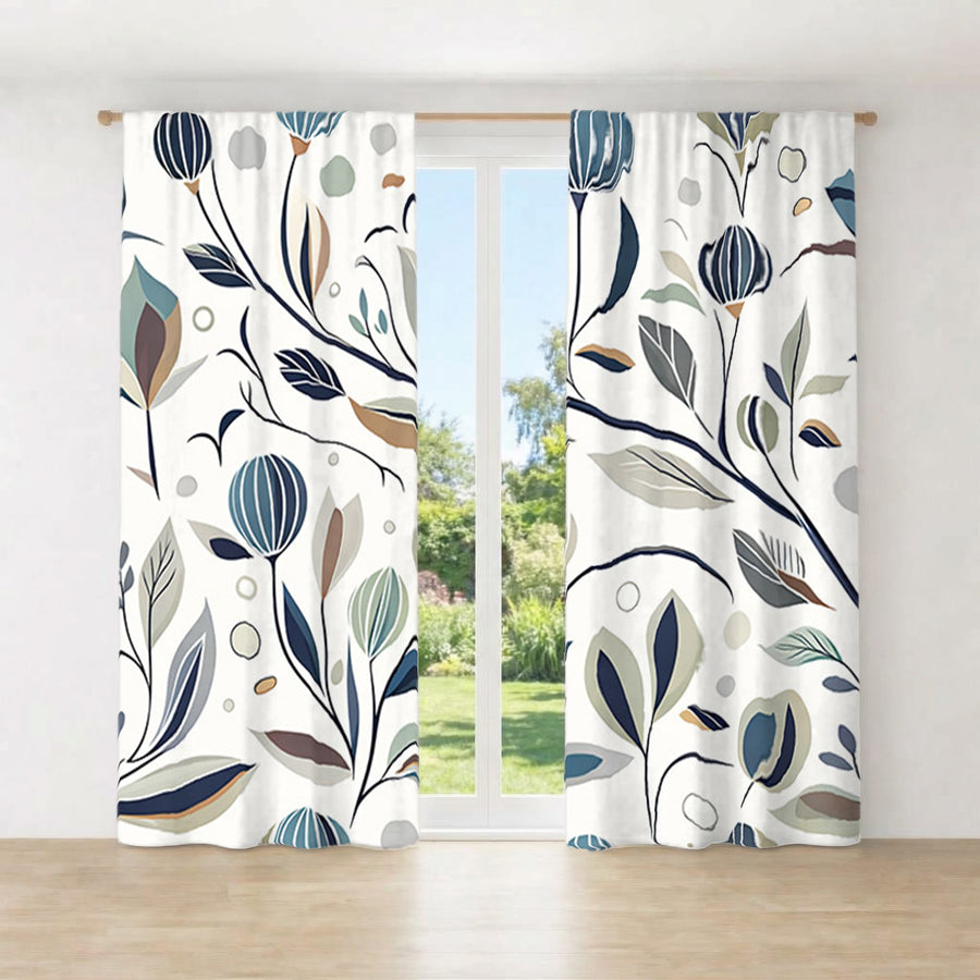 Blue Botanical Branch Pattern Window Curtains