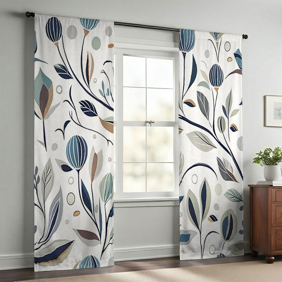 Blue Botanical Branch Pattern Window Curtains