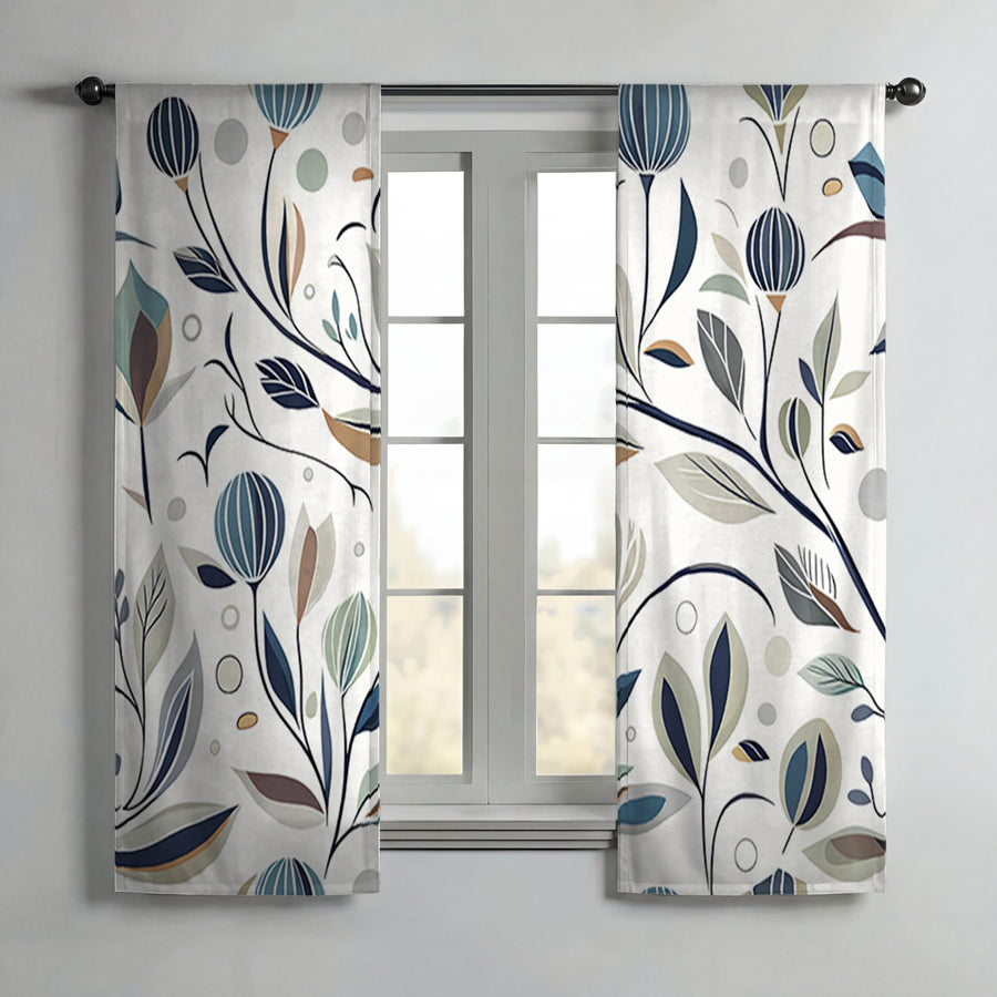 Blue Botanical Branch Pattern Window Curtains