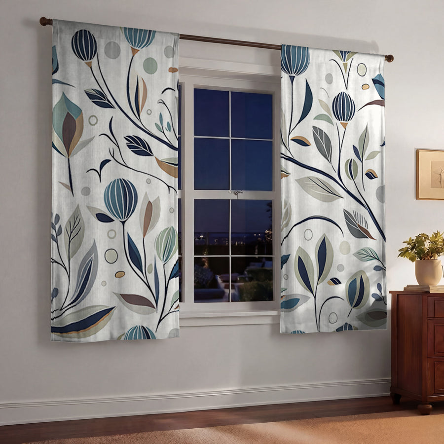 Blue Botanical Branch Pattern Window Curtains