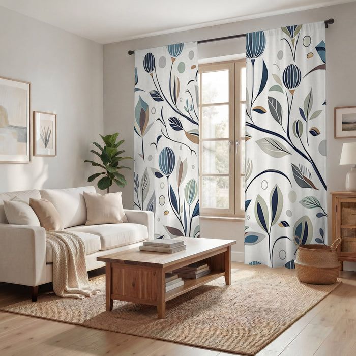Blue Botanical Branch Pattern Window Curtains