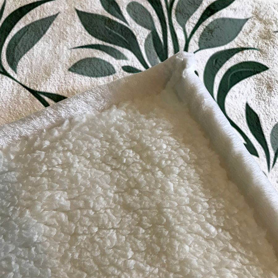 Green Botanical Leaf Pattern Fleece Sherpa Blanket