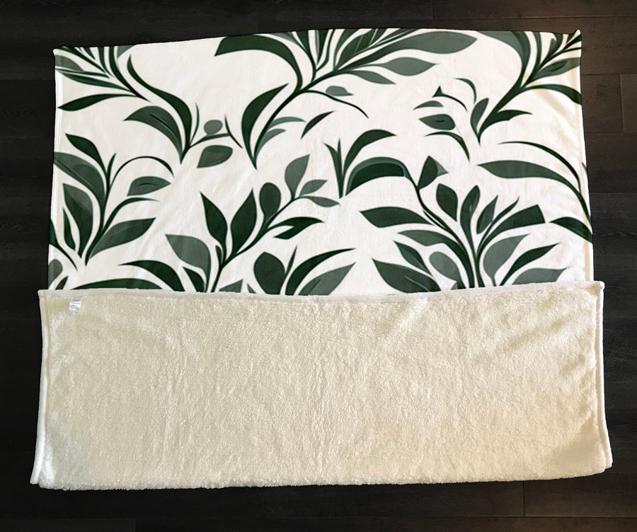 Green Botanical Leaf Pattern Fleece Sherpa Blanket