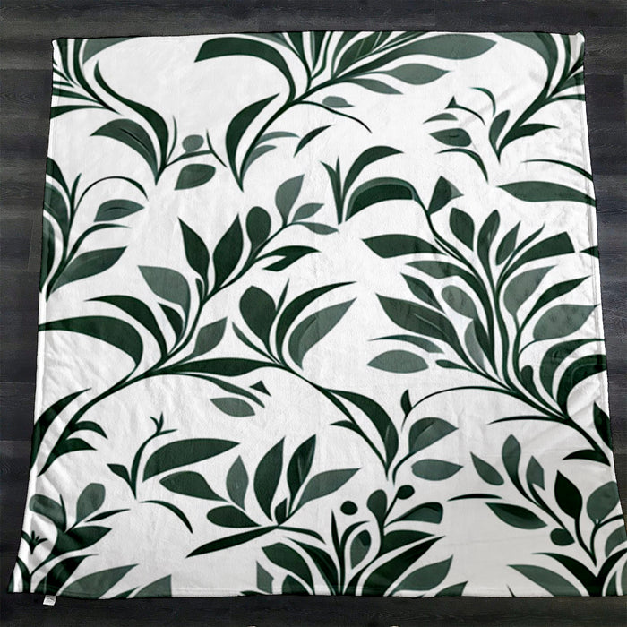 Green Botanical Leaf Pattern Fleece Sherpa Blanket