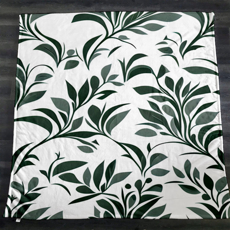 Green Botanical Leaf Pattern Fleece Sherpa Blanket