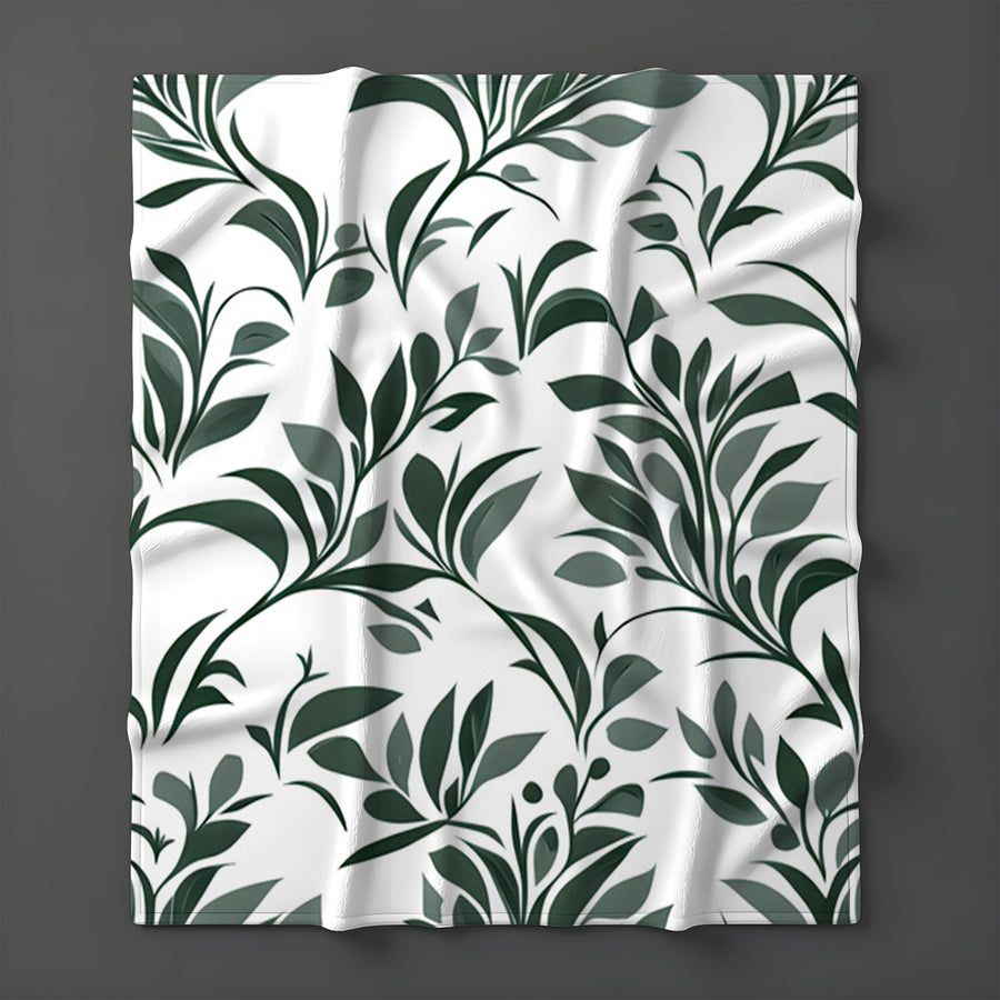 Green Botanical Leaf Pattern Fleece Sherpa Blanket