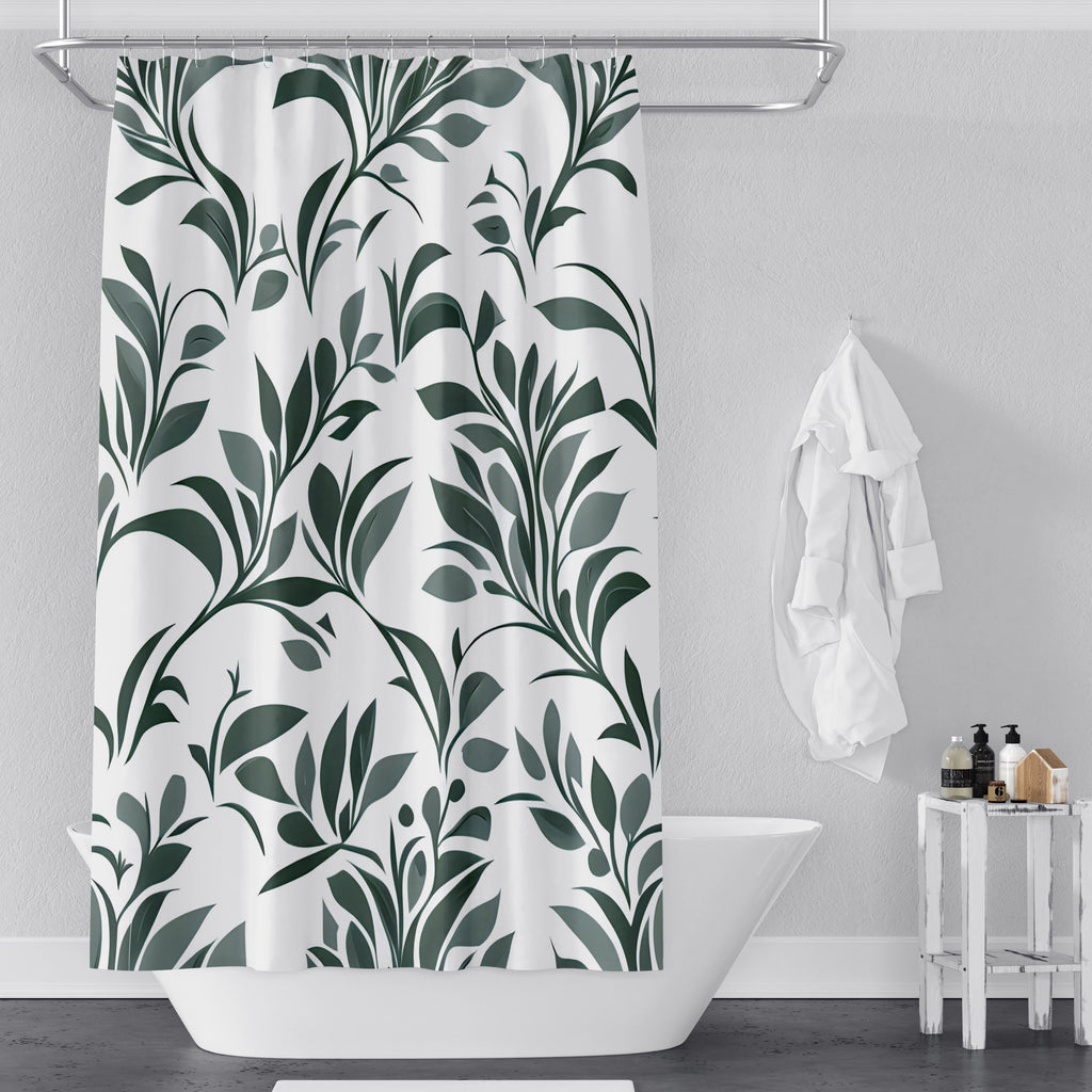 Minimalist Green Shower Curtains - White and Green Chic Leaf Pattern - Deja Blue Studios