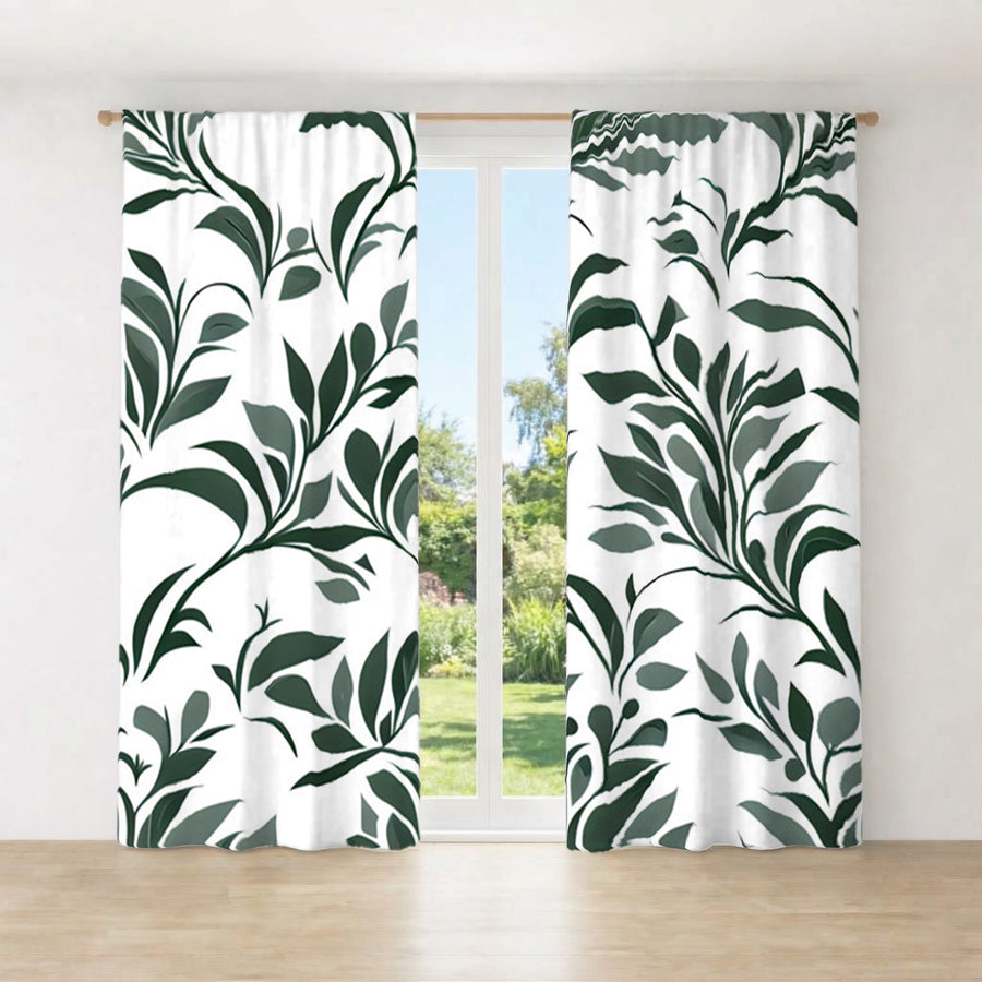Green Botanical Leaf Pattern Window Curtains