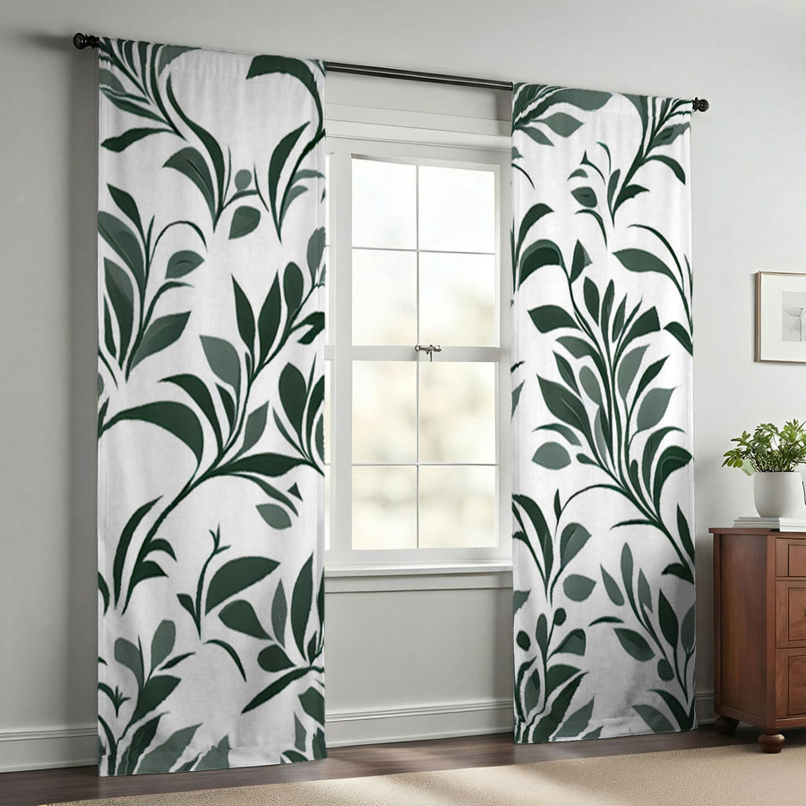 Green Botanical Leaf Pattern Window Curtains