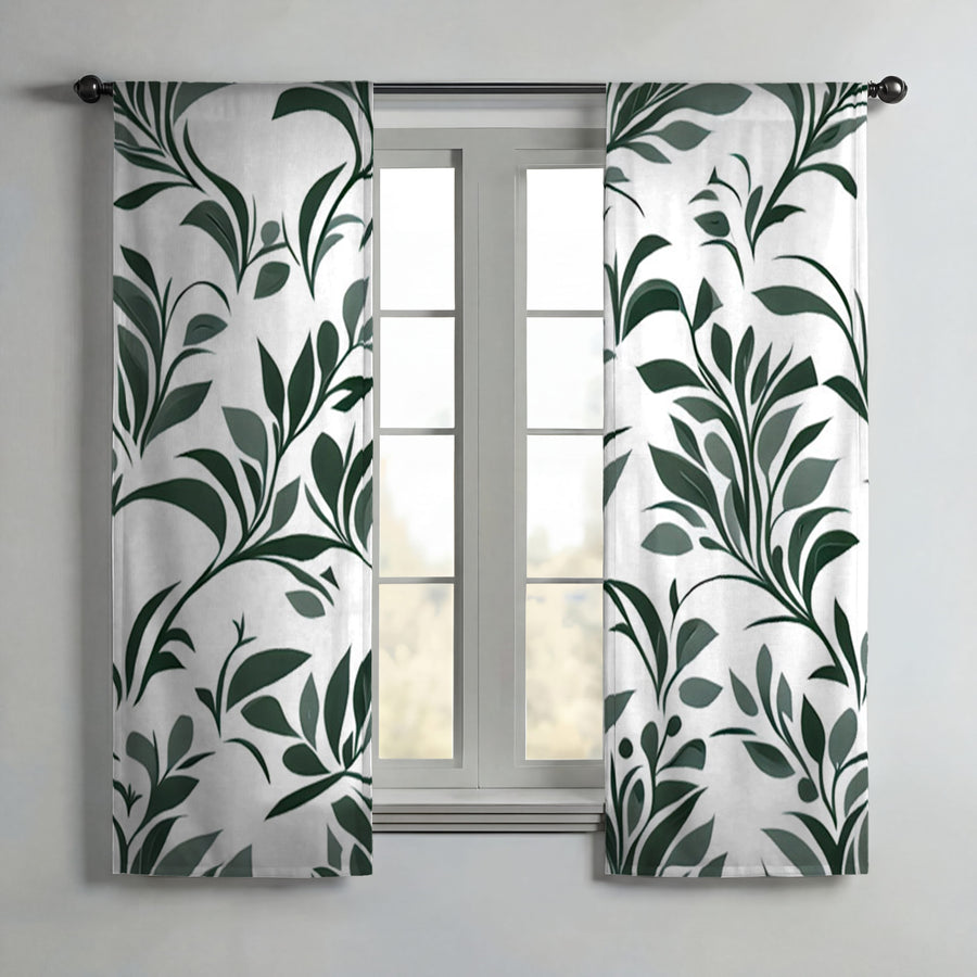 Green Botanical Leaf Pattern Window Curtains
