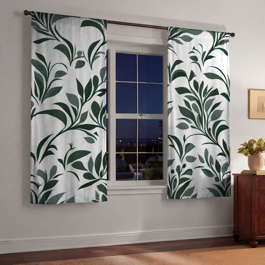 Green Botanical Leaf Pattern Window Curtains