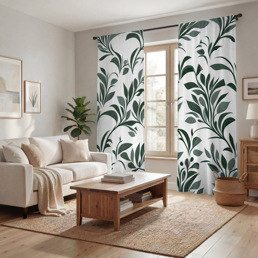 Green Botanical Leaf Pattern Window Curtains