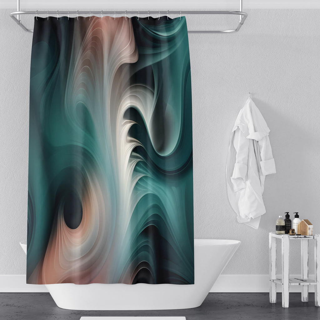 Abstract Smoke Shower Curtains - Turquoise, Pink and Black Swirl Pattern - Deja Blue Studios
