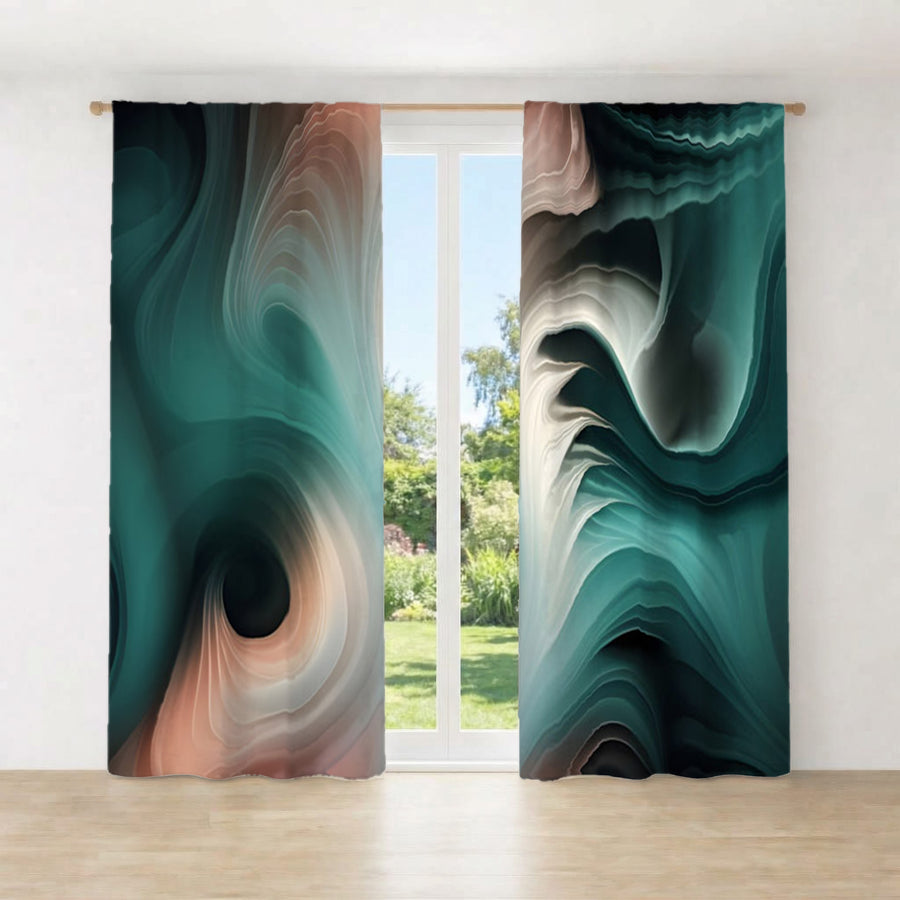 Teal Fluid Marble Abstract Pattern Window Curtains