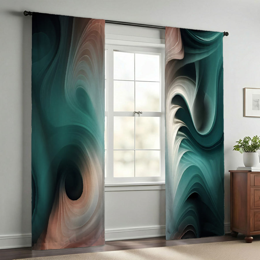 Teal Fluid Marble Abstract Pattern Window Curtains