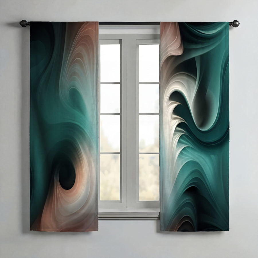 Teal Fluid Marble Abstract Pattern Window Curtains
