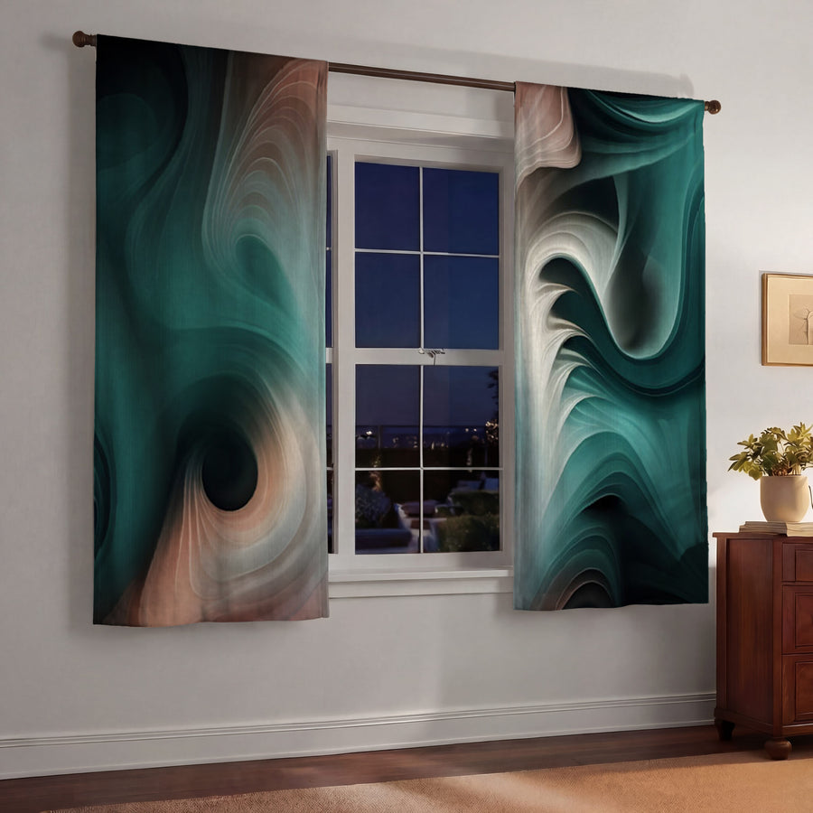 Teal Fluid Marble Abstract Pattern Window Curtains