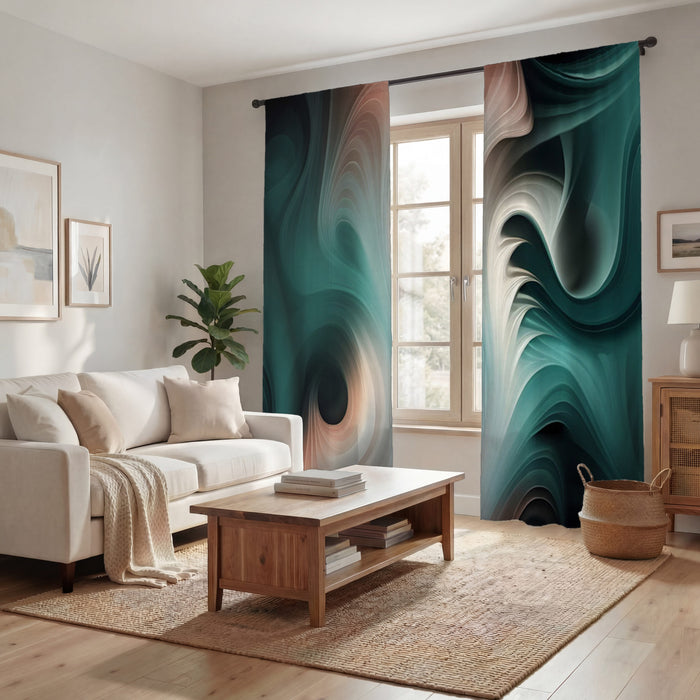 Teal Fluid Marble Abstract Pattern Window Curtains