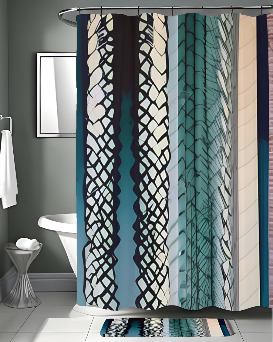 Teal Textile Stripe Pattern Shower Curtain