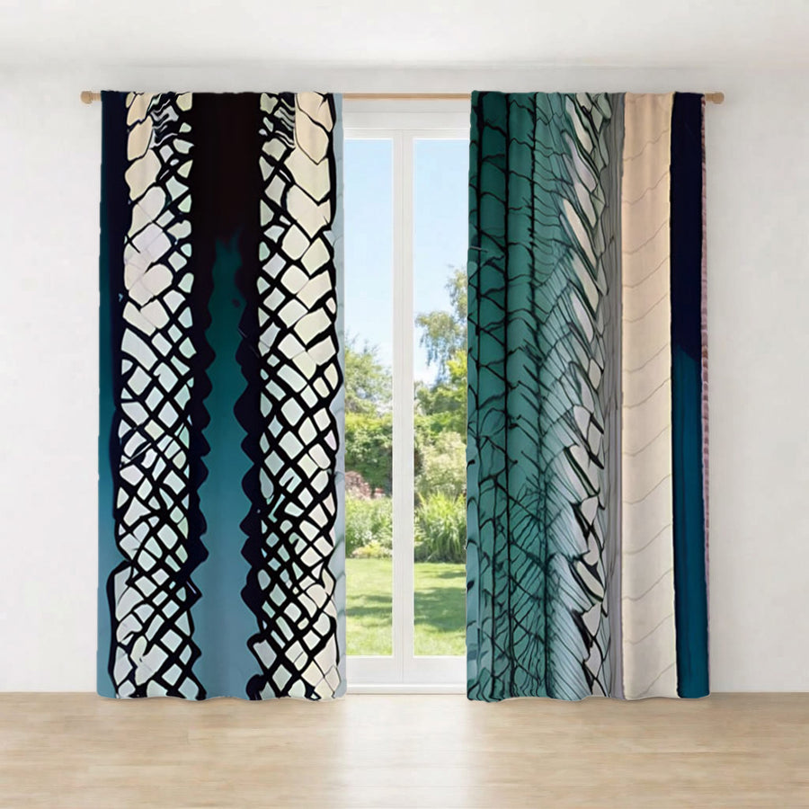 Teal Textile Stripe Pattern Window Curtains